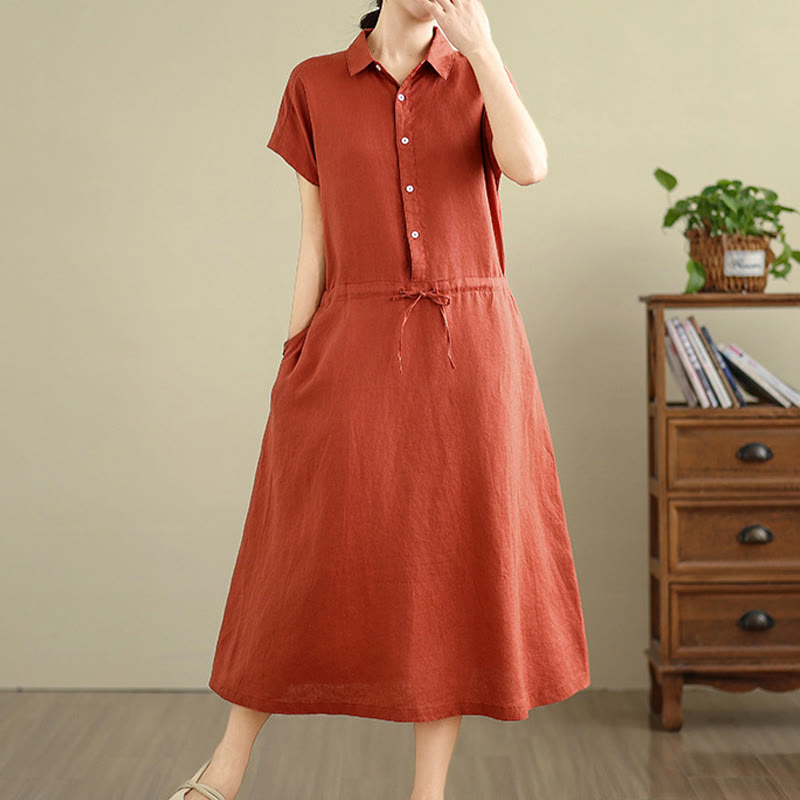 Buddha Stones Summer Plain Short Sleeve Drawstring Cotton Linen Midi Dress With Pockets - image 18