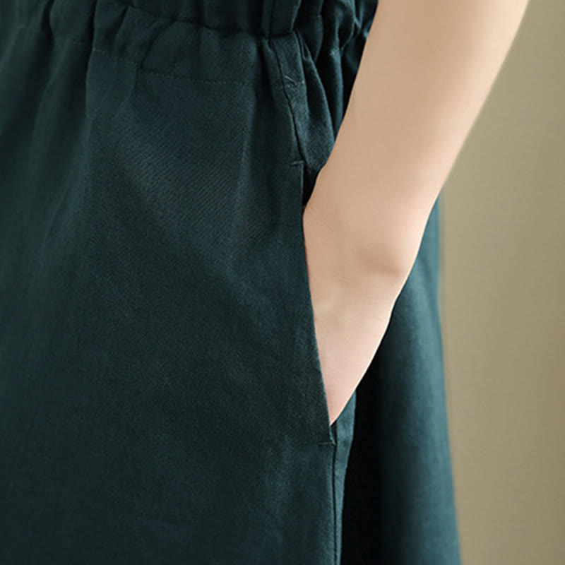 Buddha Stones Summer Plain Single Breasted Drawstring Cotton Linen Midi Dress With Pockets - image 15