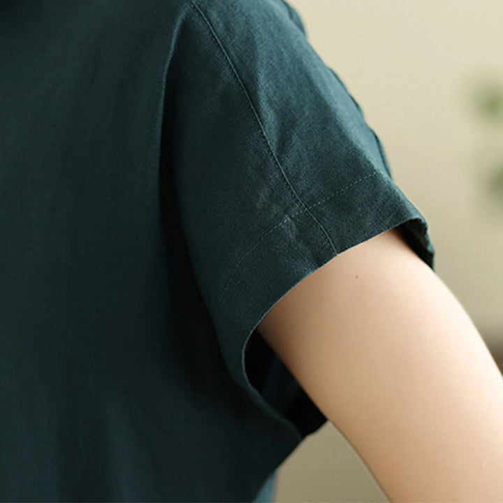 Buddha Stones Summer Plain Short Sleeve Drawstring Cotton Linen Midi Dress With Pockets - image 13