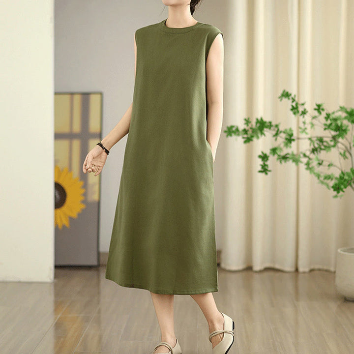 Buddha Stones Casual Plain Color Button Back Design Sleeveless Cotton Linen Midi Dress With Pockets
