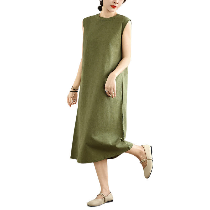 Buddha Stones Casual Plain Color Button Back Design Sleeveless Cotton Linen Midi Dress With Pockets