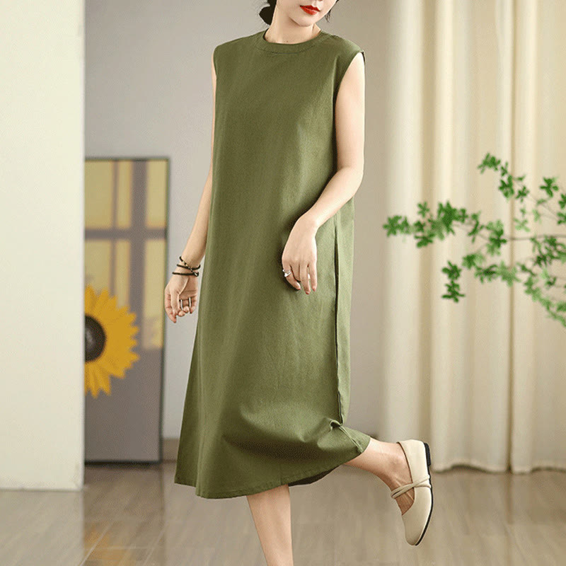 Buddha Stones Casual Plain Color Button Back Design Sleeveless Cotton Linen Midi Dress With Pockets