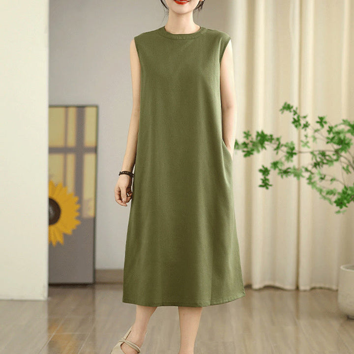 Buddha Stones Casual Plain Color Button Back Design Sleeveless Cotton Linen Midi Dress With Pockets