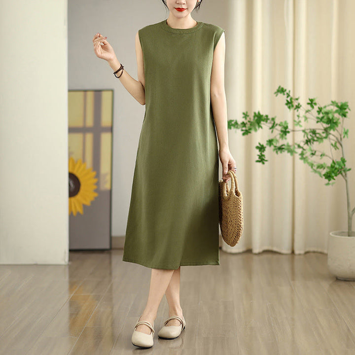 Buddha Stones Casual Plain Color Button Back Design Sleeveless Cotton Linen Midi Dress With Pockets