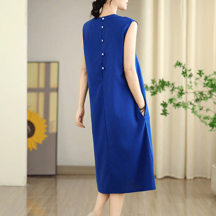 Buddha Stones Casual Plain Color Button Back Design Sleeveless Cotton Linen Midi Dress With Pockets