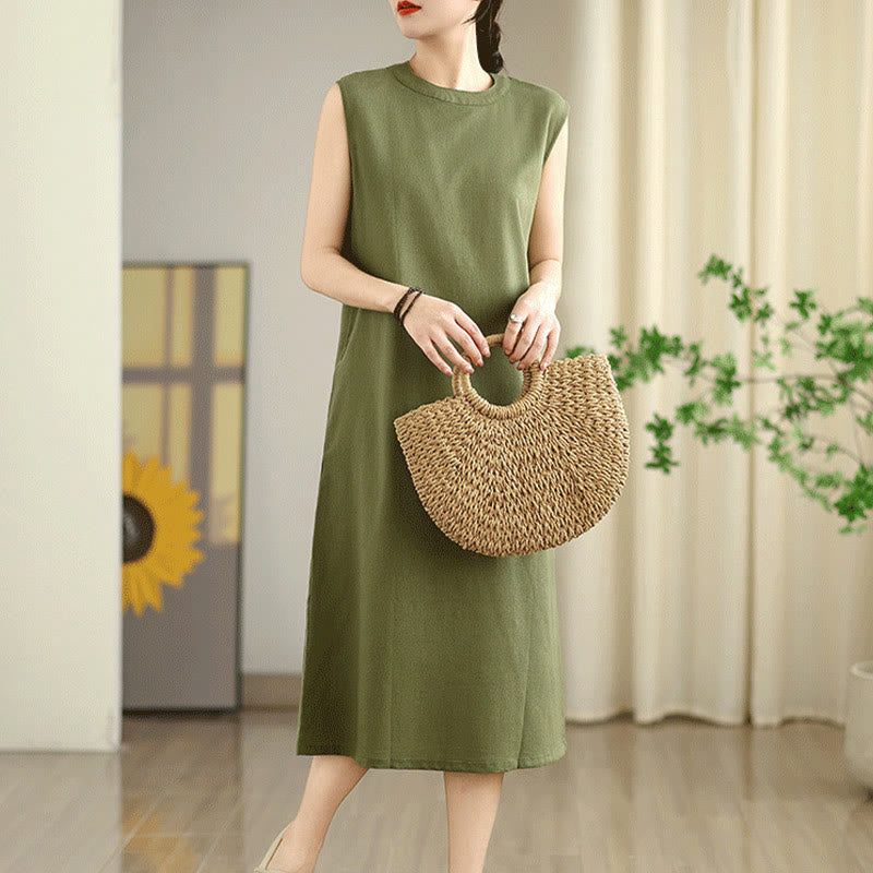 Buddha Stones Casual Plain Color Button Back Design Sleeveless Cotton Linen Midi Dress With Pockets