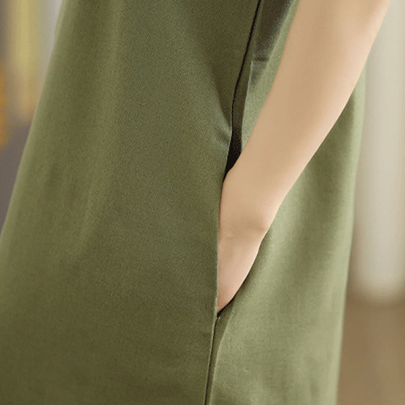 Buddha Stones Casual Plain Color Button Back Design Sleeveless Cotton Linen Midi Dress With Pockets
