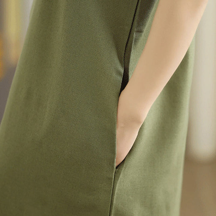 Buddha Stones Casual Plain Color Button Back Design Sleeveless Cotton Linen Midi Dress With Pockets