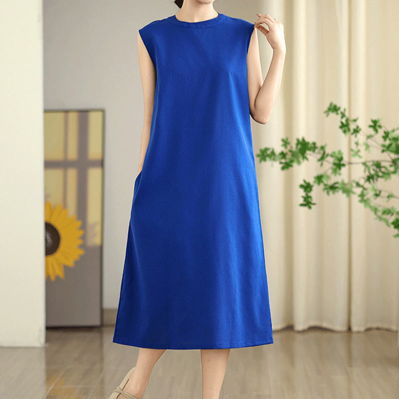 Buddha Stones Casual Plain Color Button Back Design Sleeveless Cotton Linen Midi Dress With Pockets