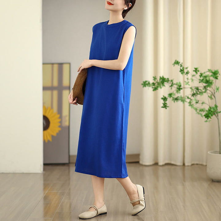 Buddha Stones Casual Plain Color Button Back Design Sleeveless Cotton Linen Midi Dress With Pockets