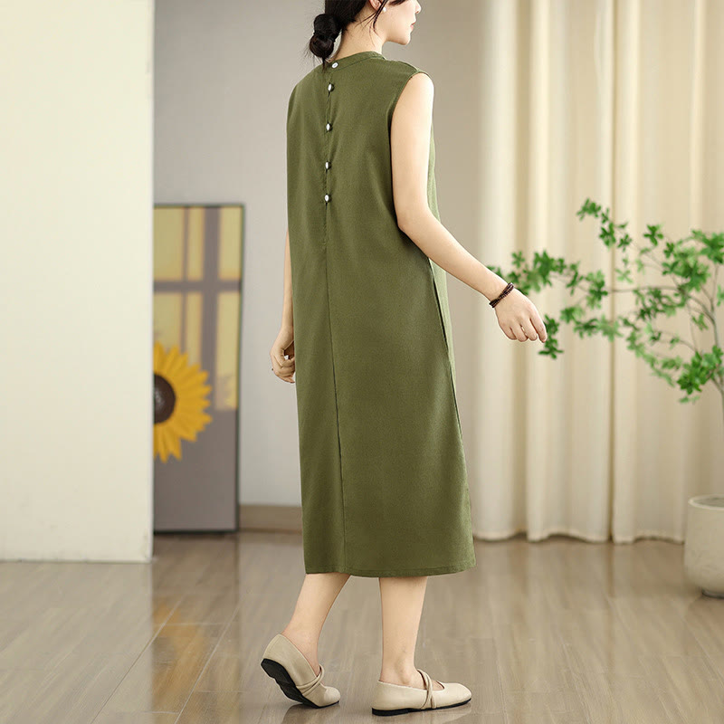 Buddha Stones Casual Plain Color Button Back Design Sleeveless Cotton Linen Midi Dress With Pockets