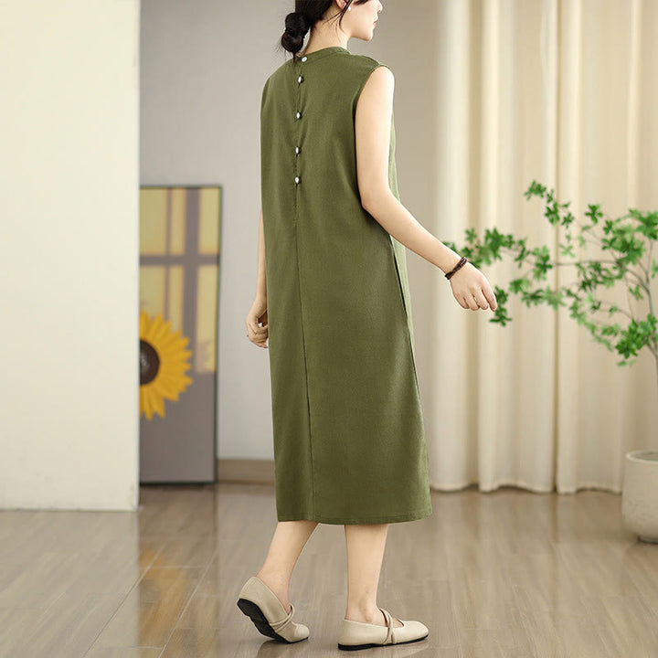 Buddha Stones Casual Plain Color Button Back Design Sleeveless Cotton Linen Midi Dress With Pockets