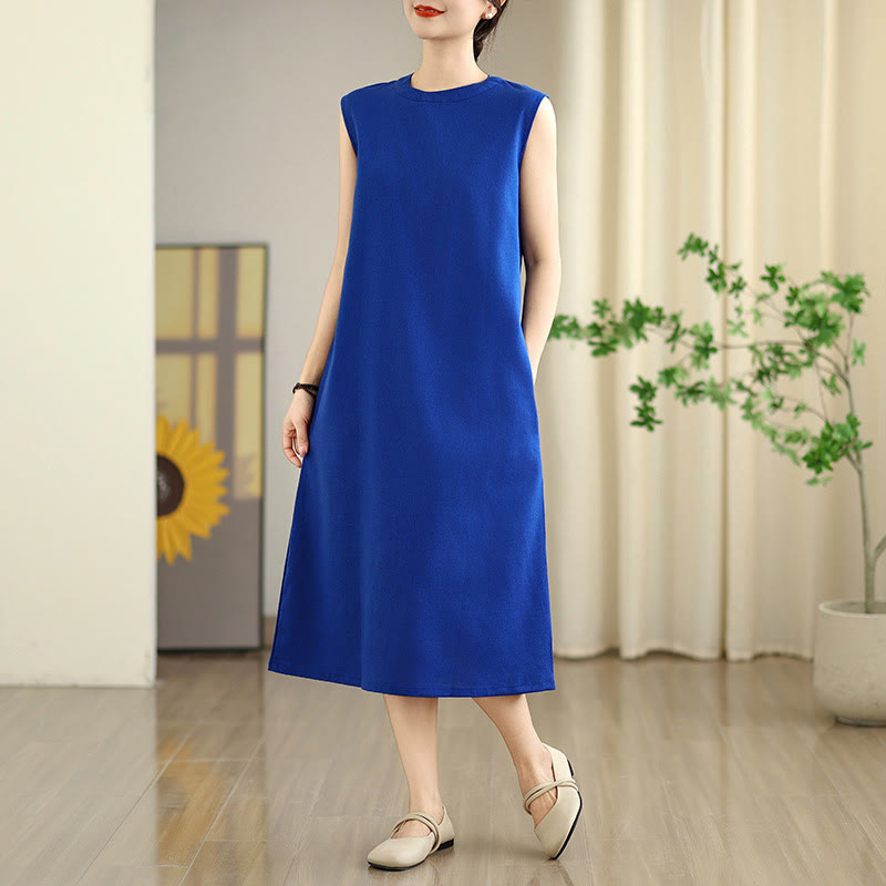 Buddha Stones Casual Plain Color Button Back Design Sleeveless Cotton Linen Midi Dress With Pockets