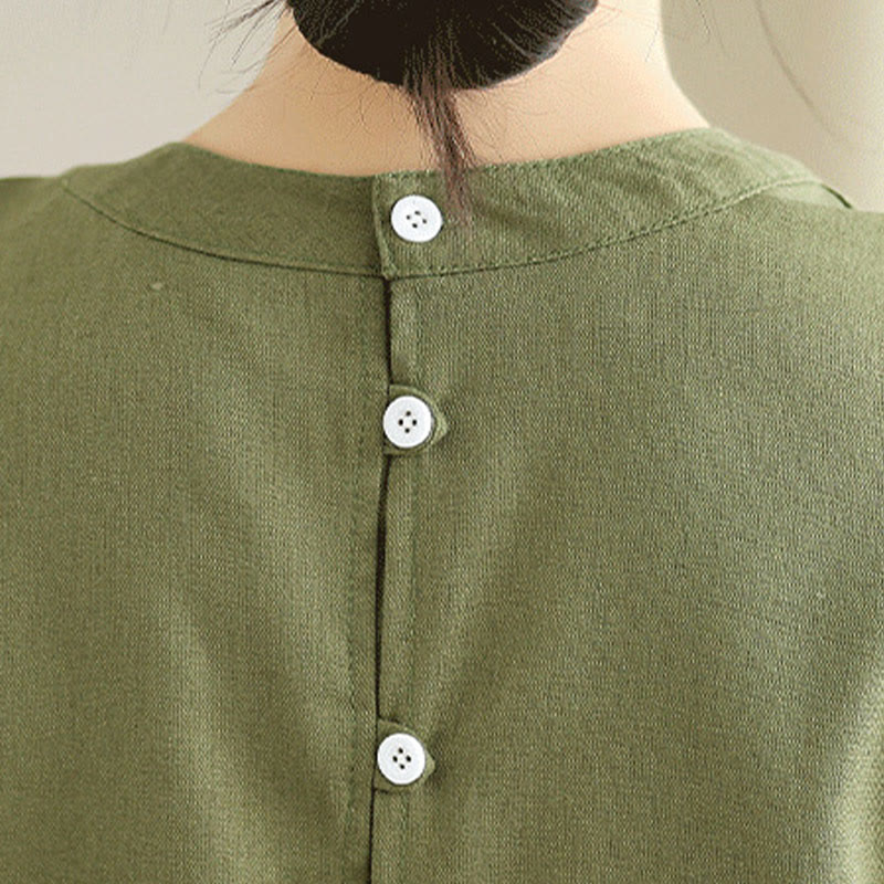 Buddha Stones Casual Plain Color Button Back Design Sleeveless Cotton Linen Midi Dress With Pockets