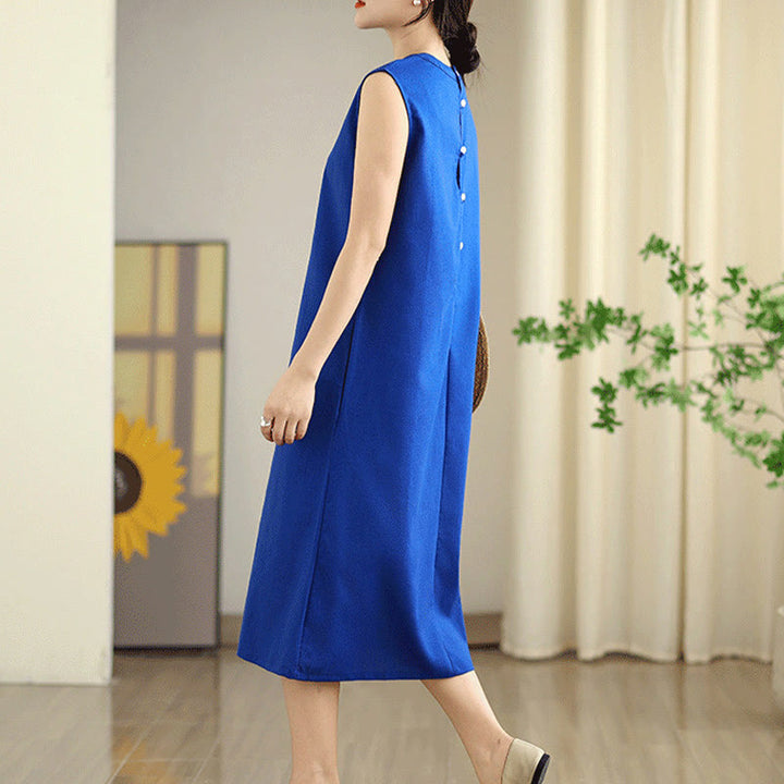 Buddha Stones Casual Plain Color Button Back Design Sleeveless Cotton Linen Midi Dress With Pockets