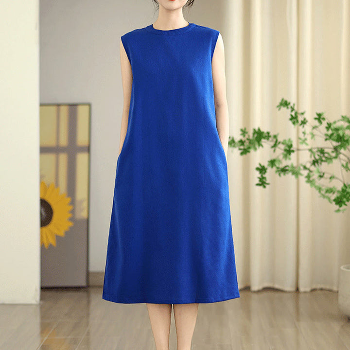 Buddha Stones Casual Plain Color Button Back Design Sleeveless Cotton Linen Midi Dress With Pockets