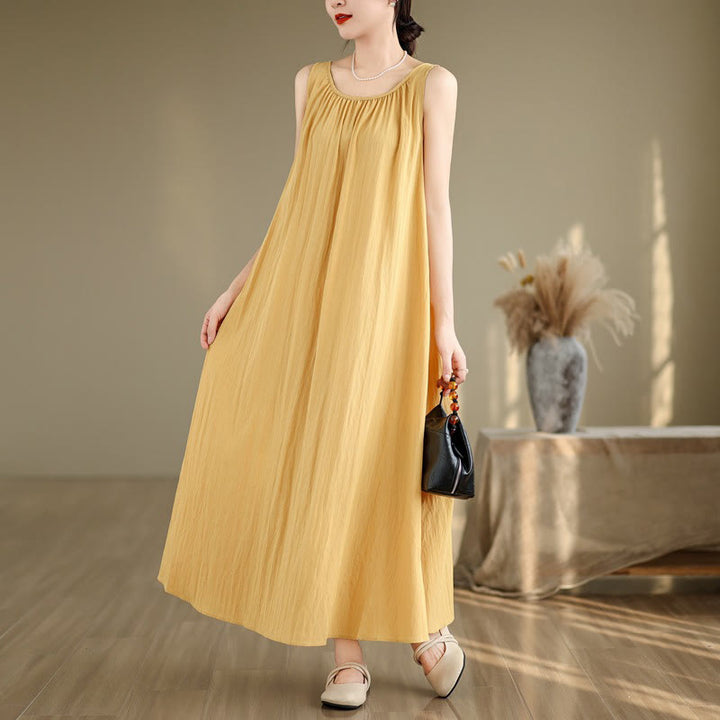 Buddha Stones Summer Casual Plain Pleated Design Sleeveless Crew Neck Cotton Midi Dress With Pockets - Khaki - US8-10，UK/AU12-14，EU40-42 (2XL) - image 3