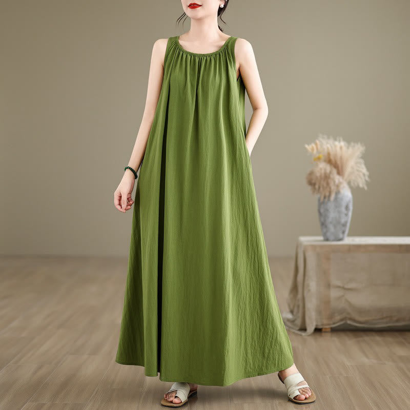 Buddha Stones Summer Casual Plain Pleated Design Sleeveless Crew Neck Cotton Midi Dress With Pockets - LimeGreen - US8-10，UK/AU12-14，EU40-42 (2XL) - image 1
