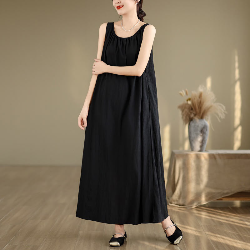 Buddha Stones Summer Casual Plain Pleated Design Sleeveless Crew Neck Cotton Midi Dress With Pockets - image 15