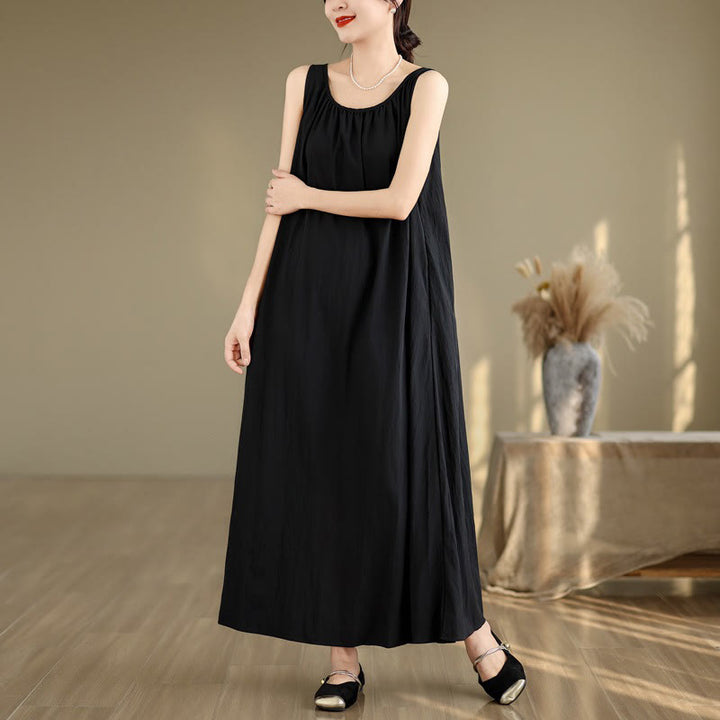 Buddha Stones Summer Casual Plain Pleated Design Sleeveless Crew Neck Cotton Midi Dress With Pockets - image 15