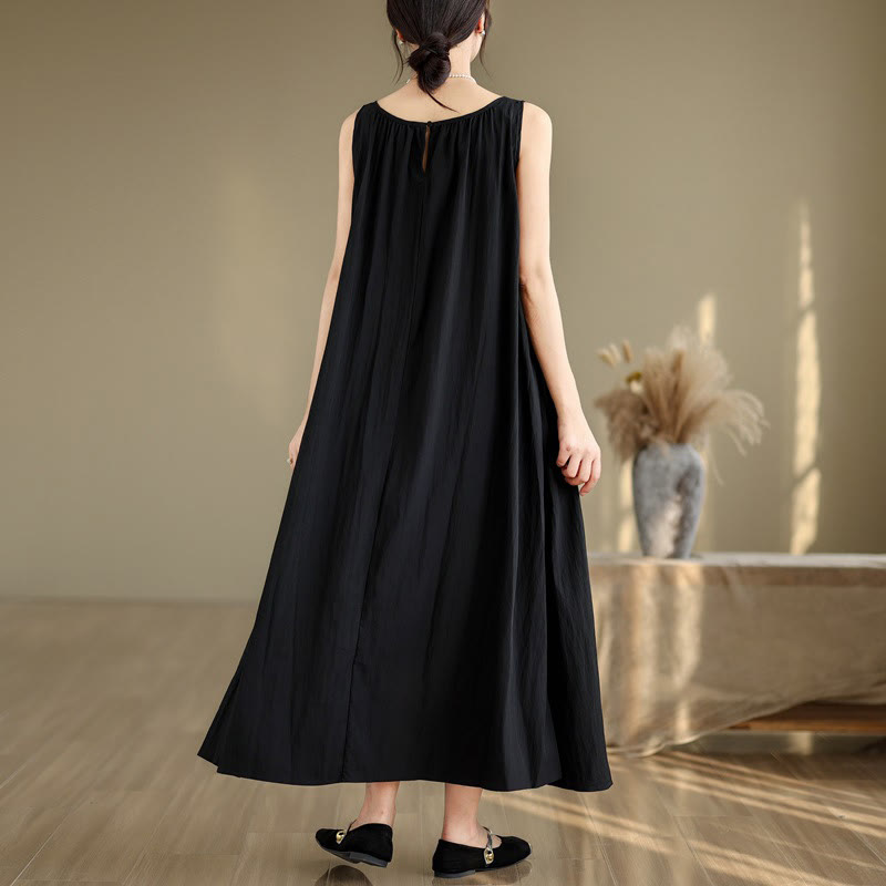 Buddha Stones Summer Casual Plain Pleated Design Sleeveless Crew Neck Cotton Midi Dress With Pockets - image 18