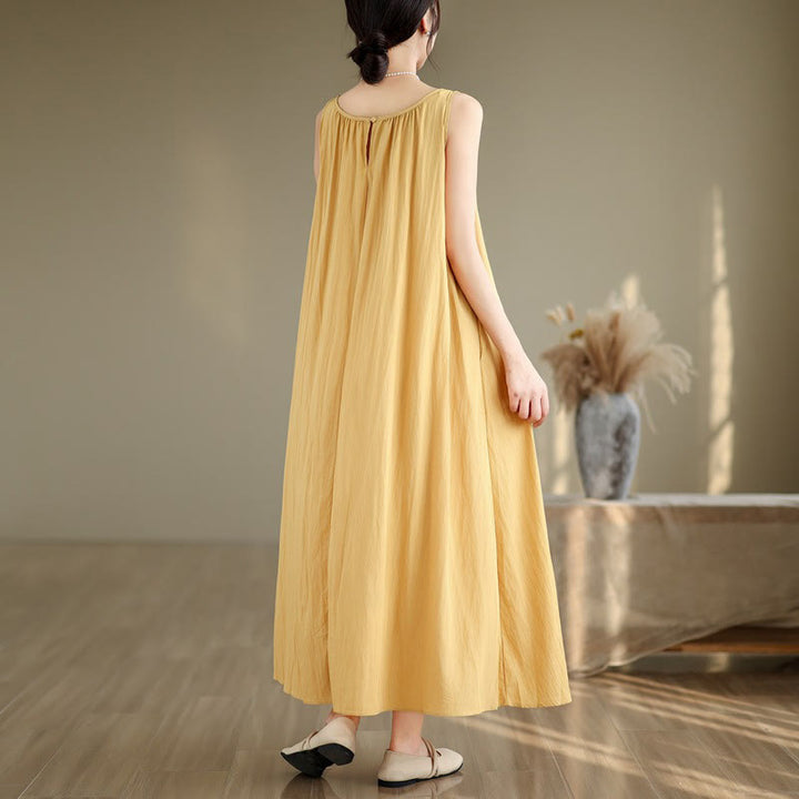 Buddha Stones Summer Casual Plain Pleated Design Sleeveless Crew Neck Cotton Midi Dress With Pockets - image 6