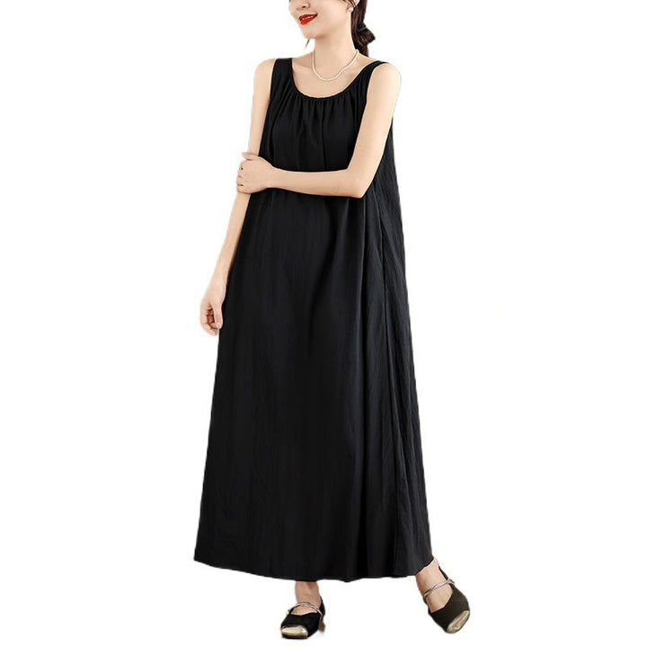 Buddha Stones Summer Casual Plain Pleated Design Sleeveless Crew Neck Cotton Midi Dress With Pockets - image 21