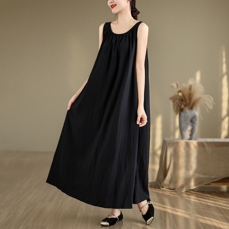 Buddha Stones Summer Casual Plain Pleated Design Sleeveless Crew Neck Cotton Midi Dress With Pockets - Black - US8-10，UK/AU12-14，EU40-42 (2XL) - image 15