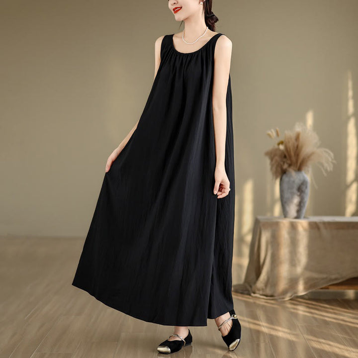 Buddha Stones Summer Casual Plain Pleated Design Sleeveless Crew Neck Cotton Midi Dress With Pockets - Black - US8-10，UK/AU12-14，EU40-42 (2XL) - image 15