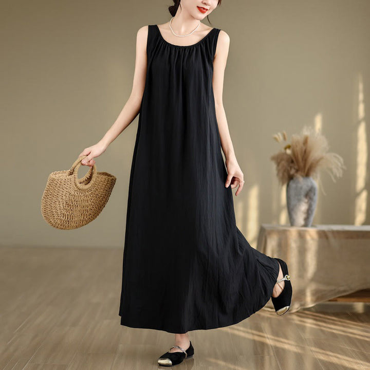 Buddha Stones Summer Casual Plain Pleated Design Sleeveless Crew Neck Cotton Midi Dress With Pockets - image 18