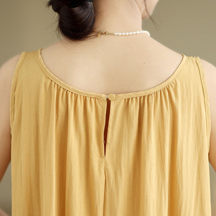 Buddha Stones Summer Casual Plain Pleated Design Sleeveless Crew Neck Cotton Midi Dress With Pockets - image 11