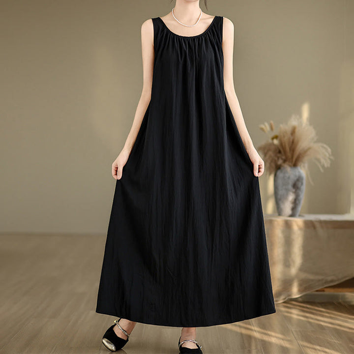 Buddha Stones Summer Casual Plain Pleated Design Sleeveless Crew Neck Cotton Midi Dress With Pockets - image 17