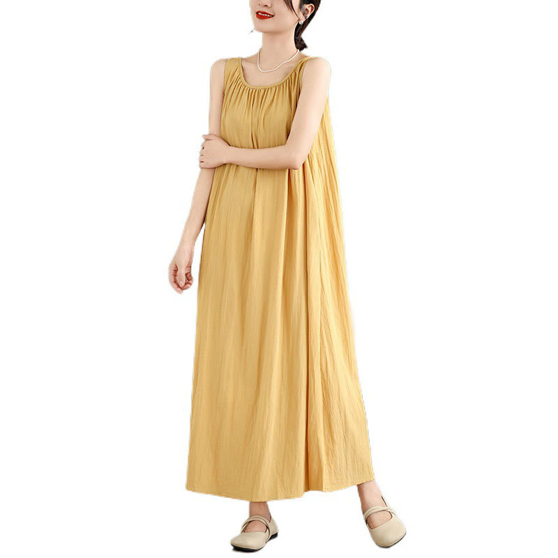Buddha Stones Summer Casual Plain Pleated Design Sleeveless Crew Neck Cotton Midi Dress With Pockets - image 14