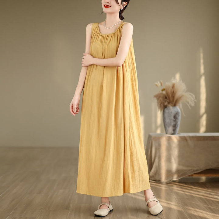 Buddha Stones Summer Casual Plain Pleated Design Sleeveless Crew Neck Cotton Midi Dress With Pockets - image 4