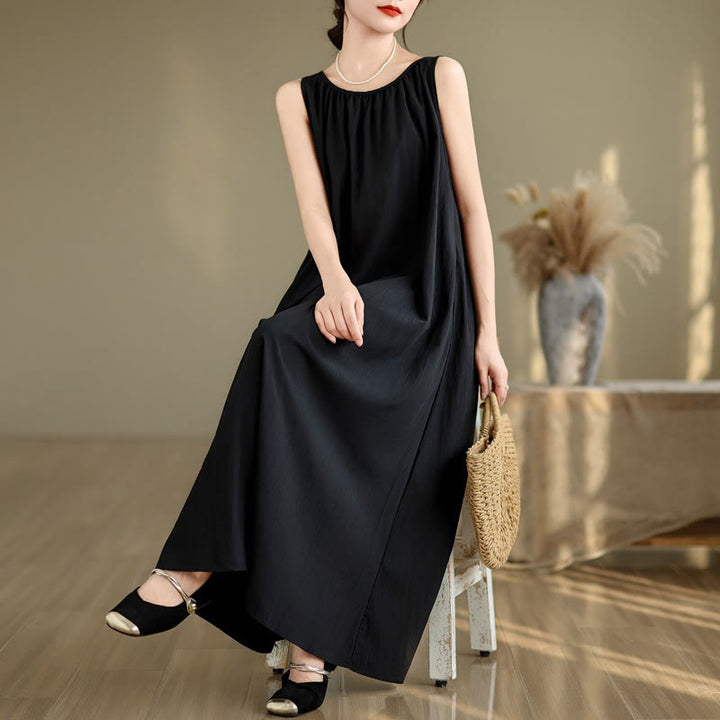 Buddha Stones Summer Casual Plain Pleated Design Sleeveless Crew Neck Cotton Midi Dress With Pockets - image 20