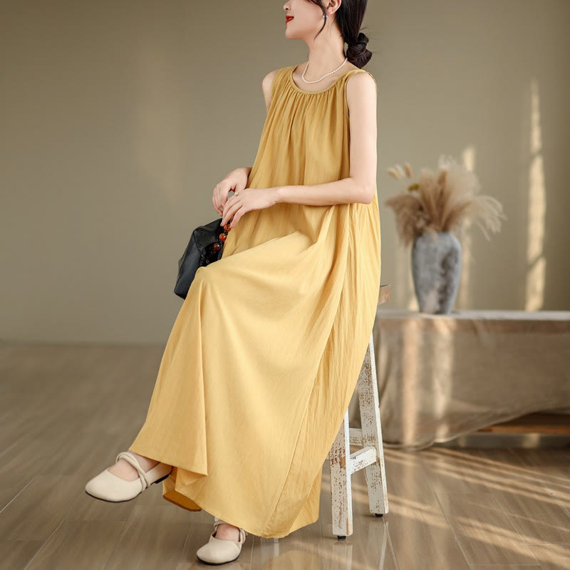 Buddha Stones Summer Casual Plain Pleated Design Sleeveless Crew Neck Cotton Midi Dress With Pockets - image 8