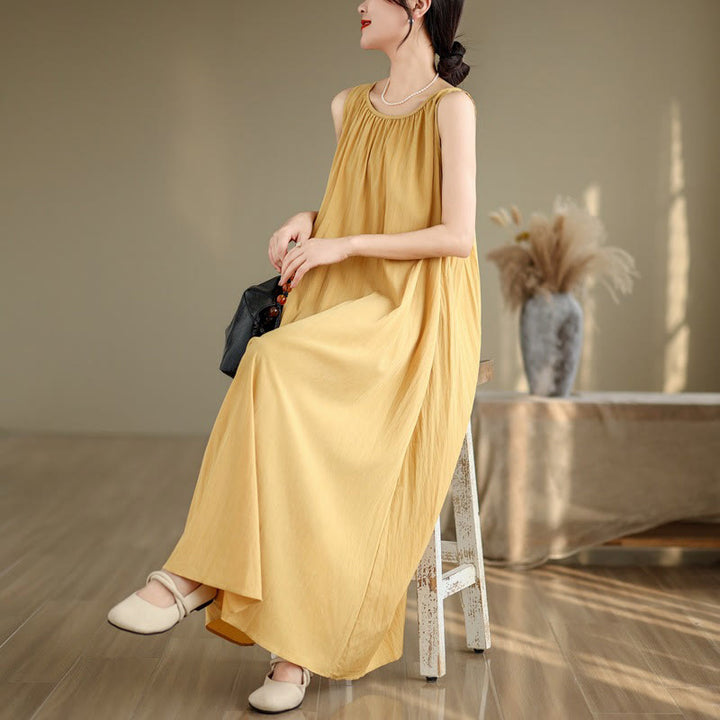 Buddha Stones Summer Casual Plain Pleated Design Sleeveless Crew Neck Cotton Midi Dress With Pockets - image 8
