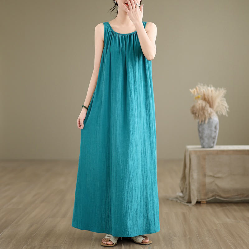 Buddha Stones Summer Casual Plain Pleated Design Sleeveless Crew Neck Cotton Midi Dress With Pockets - MediumTurquoise - US8-10，UK/AU12-14，EU40-42 (2XL) - image 2