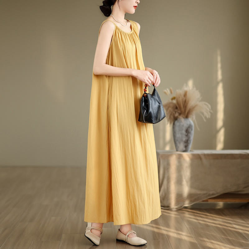 Buddha Stones Summer Casual Plain Pleated Design Sleeveless Crew Neck Cotton Midi Dress With Pockets - image 7