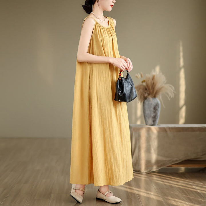 Buddha Stones Summer Casual Plain Pleated Design Sleeveless Crew Neck Cotton Midi Dress With Pockets - image 7