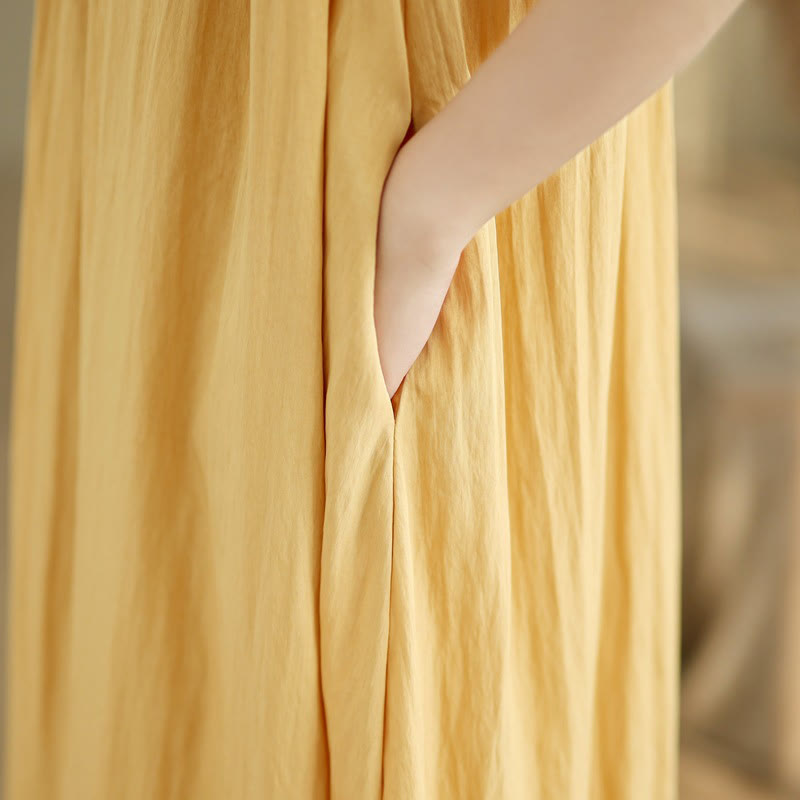 Buddha Stones Summer Casual Plain Pleated Design Sleeveless Crew Neck Cotton Midi Dress With Pockets - image 12