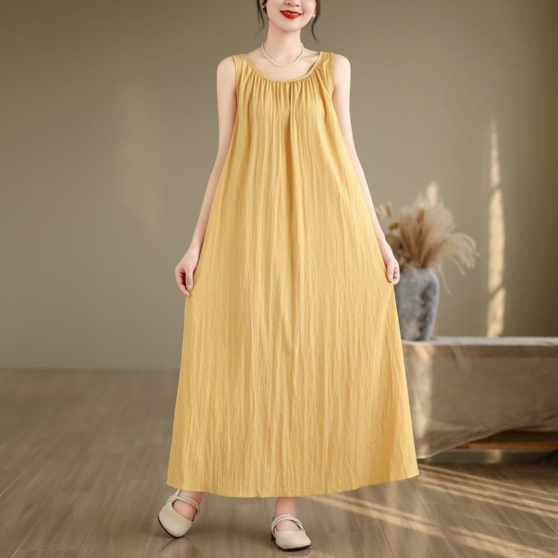 Buddha Stones Summer Casual Plain Pleated Design Sleeveless Crew Neck Cotton Midi Dress With Pockets - image 5