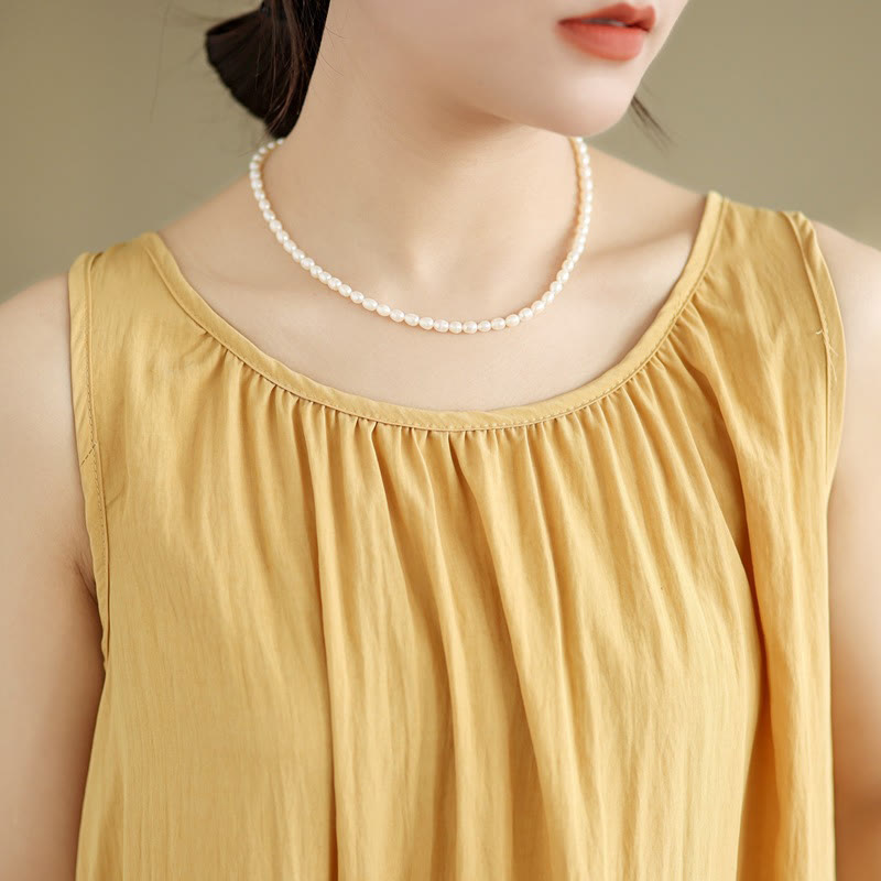 Buddha Stones Summer Casual Plain Pleated Design Sleeveless Crew Neck Cotton Midi Dress With Pockets - image 9