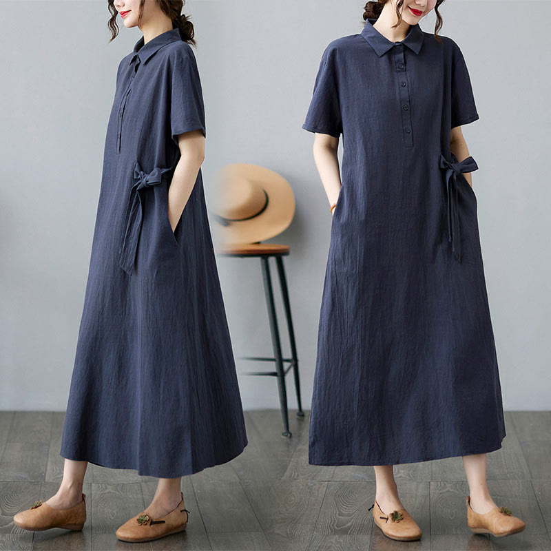 Buddha Stones Casual Plain Side Lace-Up Lapel Short Sleeve Cotton Linen Midi Dress With Pockets - MidnightBlue - US8-10，UK/AU12-14，EU40-42 (2XL) - image 18
