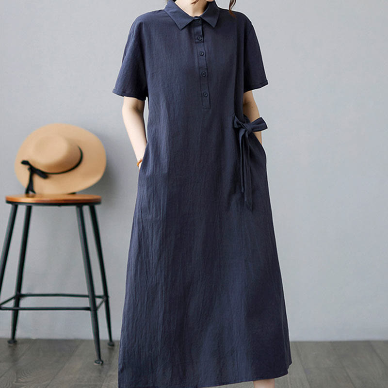 Buddha Stones Casual Plain Side Lace-Up Lapel Short Sleeve Cotton Linen Midi Dress With Pockets - image 21