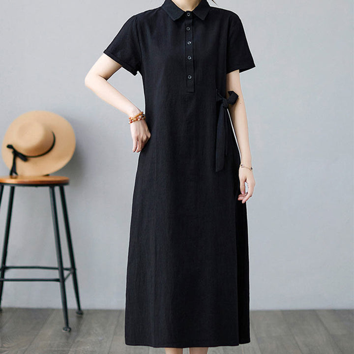 Buddha Stones Casual Plain Side Lace-Up Lapel Short Sleeve Cotton Linen Midi Dress With Pockets - image 16