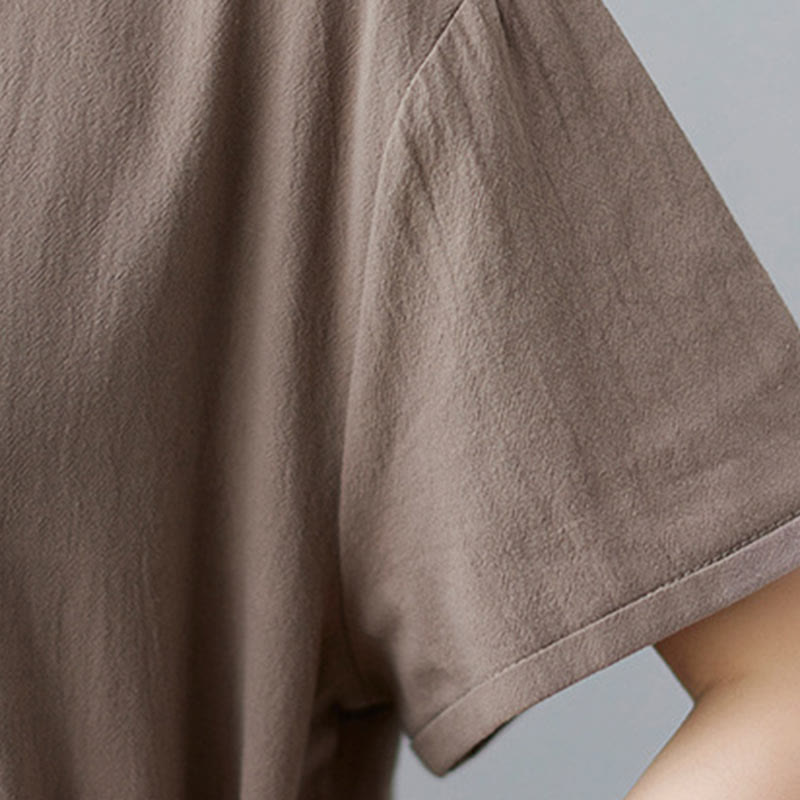 Buddha Stones Casual Plain Side Lace-Up Lapel Short Sleeve Cotton Linen Midi Dress With Pockets - image 8