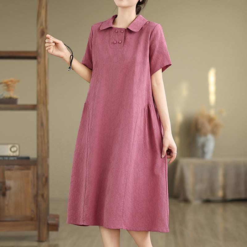Buddha Stones Plain Jacquard Lapel Cotton Linen Short Sleeve Midi Dress With Pockets - image 3