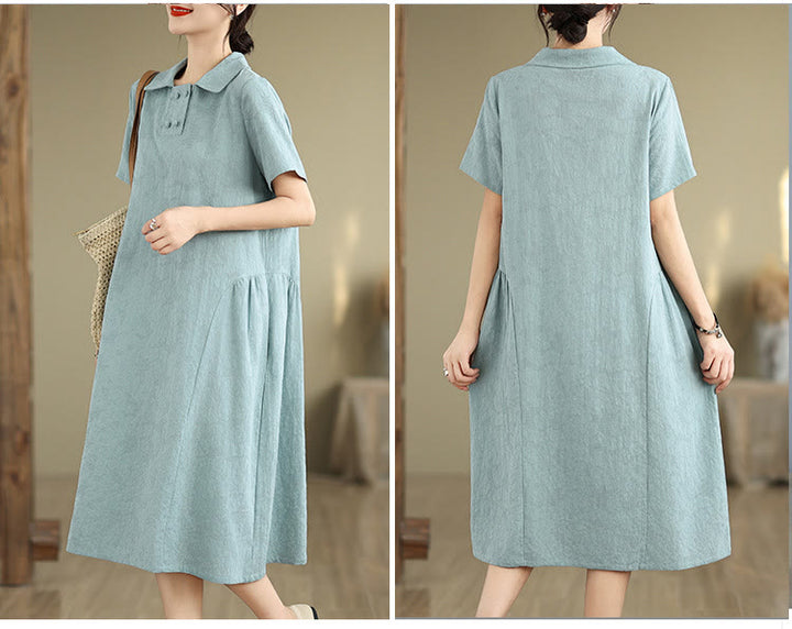 Buddha Stones Plain Jacquard Lapel Cotton Linen Short Sleeve Midi Dress With Pockets - image 25