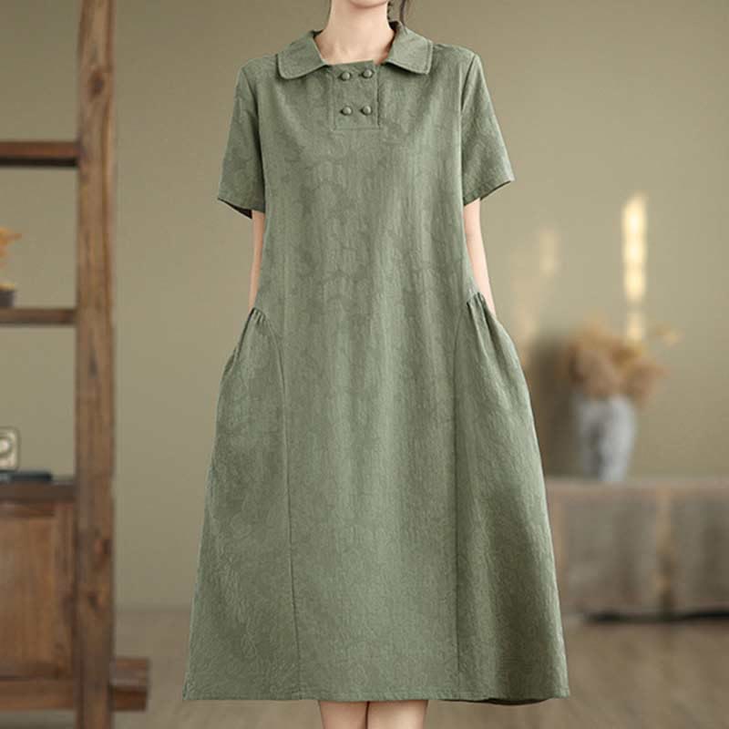 Buddha Stones Plain Jacquard Lapel Cotton Linen Short Sleeve Midi Dress With Pockets - image 7